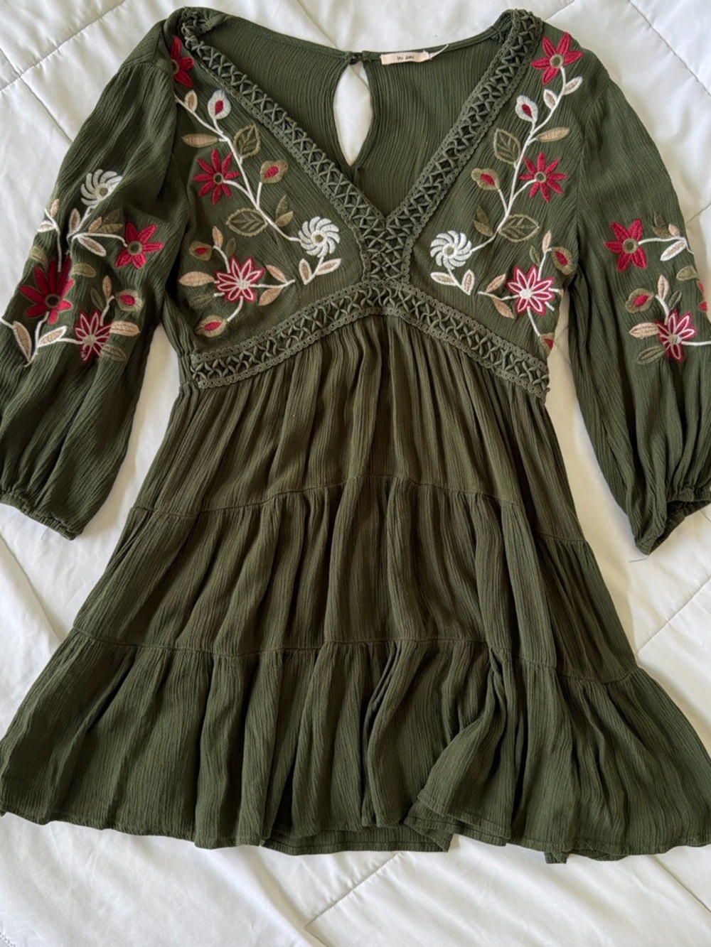 Mi Ami Women’s Olive Green Floral Embroidered Dress